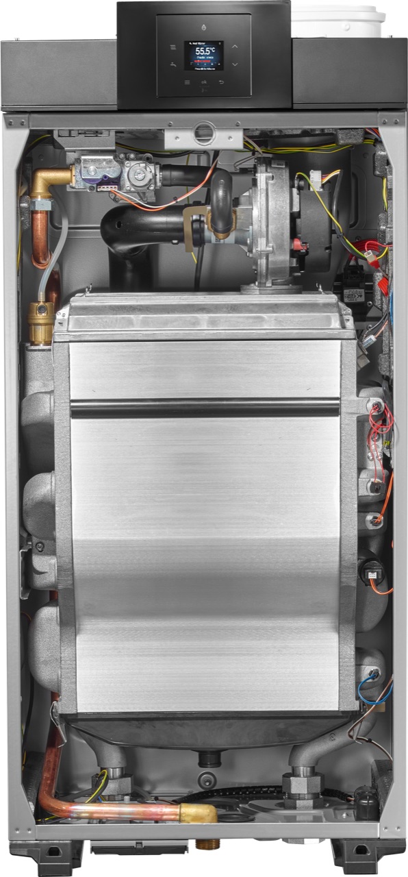 Bosch Gasgerät geöffnet: Gasarmatur, Vormischbrenner und Wärmetauscher